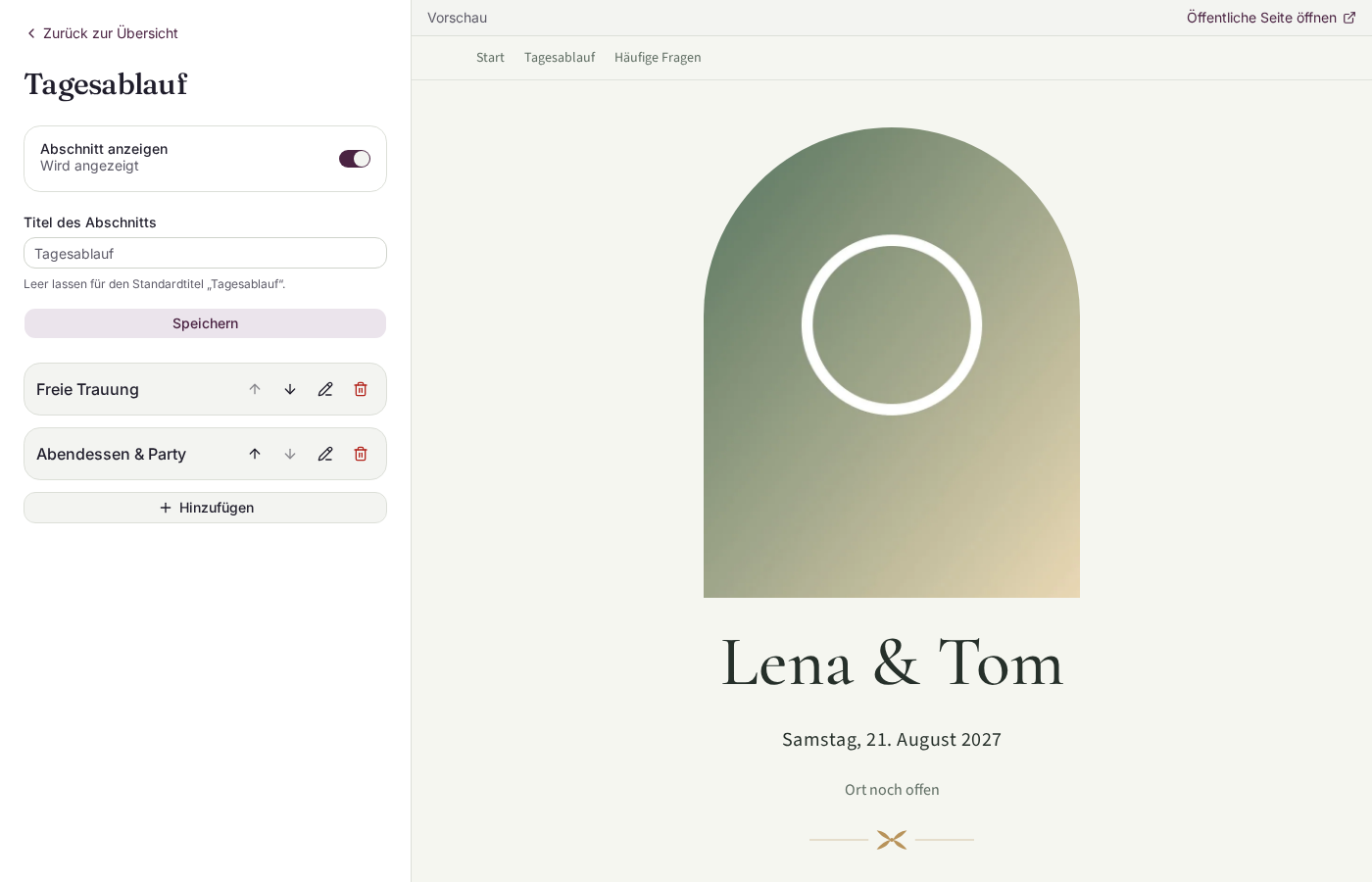 The editor: forms on the left, the live preview of the public site on the right